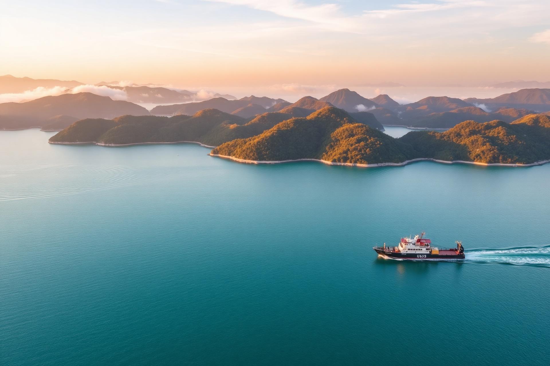 Aerial view of Japan's Seto Inland Sea islands at sunrise with a small cargo boat