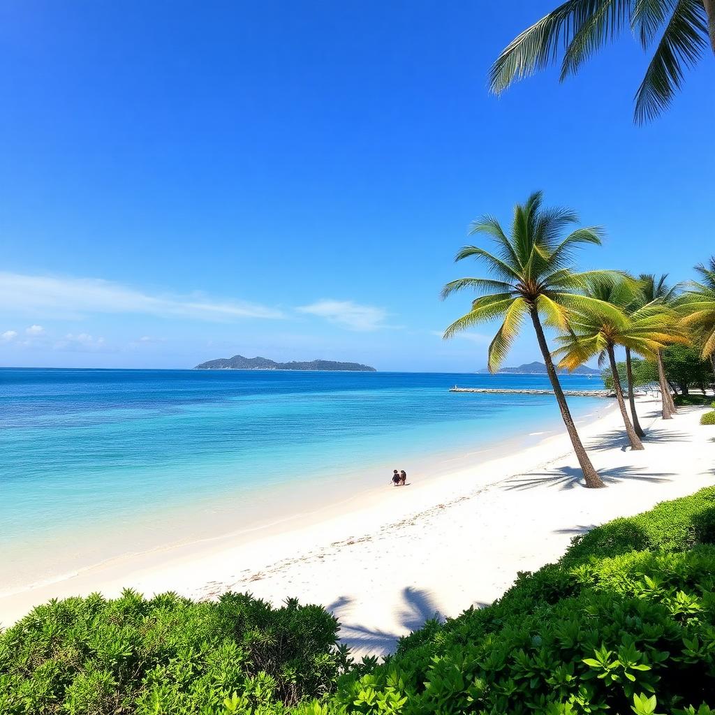 Palm-lined beach on Suo-Oshima with turquoise Seto Inland Sea water