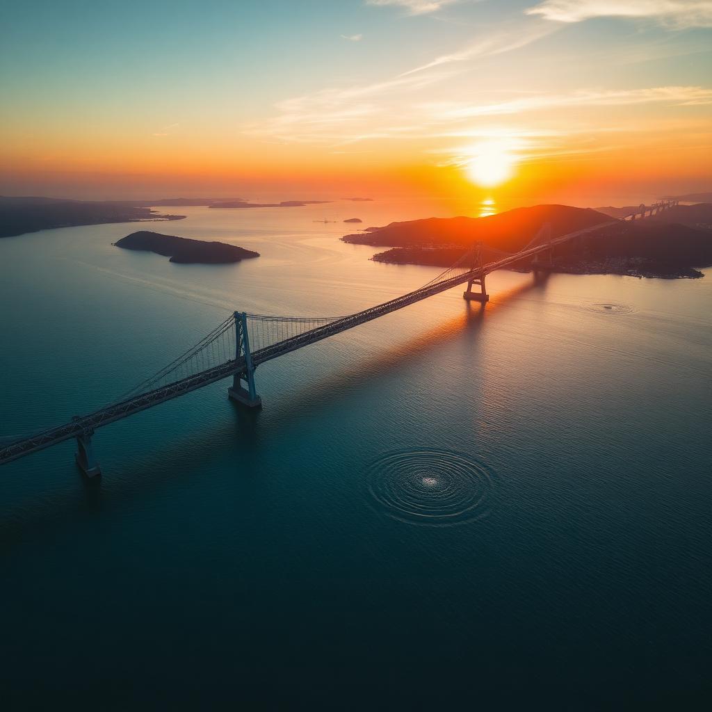 The Oshima Ohashi bridge at sunset, connecting Suo-Oshima to Honshu across the Obatake Strait