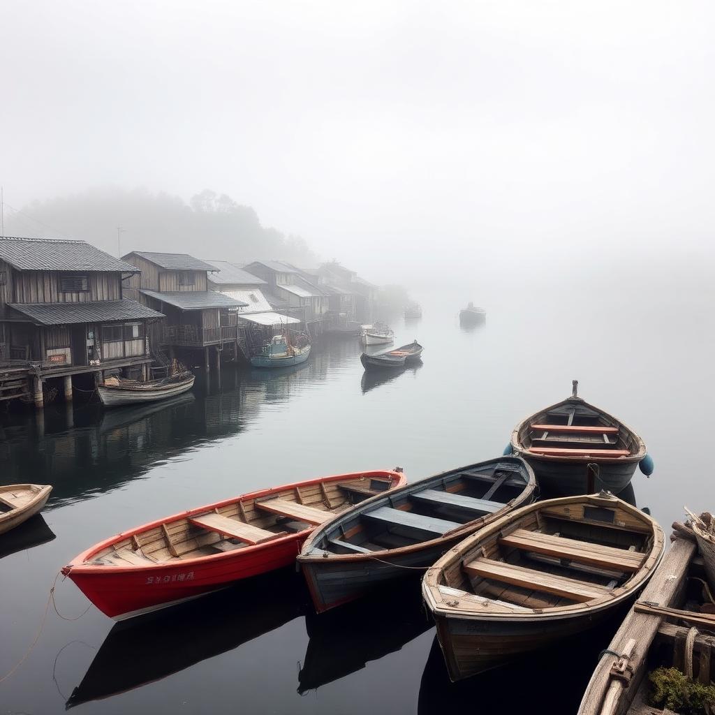 Traditional wooden fishing boats in a misty harbor on Suo-Oshima