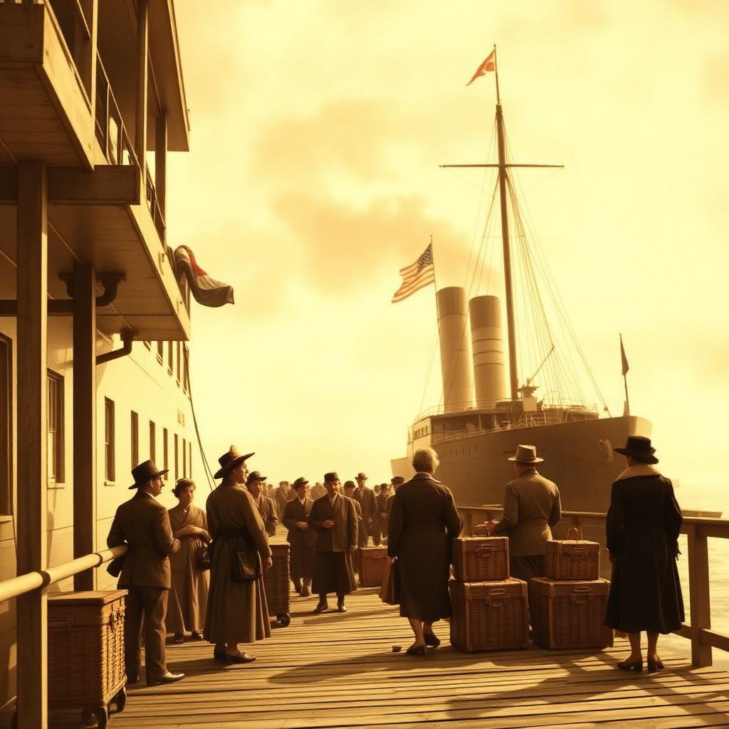 Meiji-era Japanese emigrants boarding a steamship bound for Hawaii