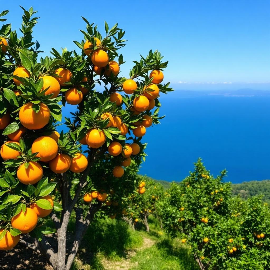 Ripe mikan citrus on a hillside orchard overlooking the Seto Inland Sea