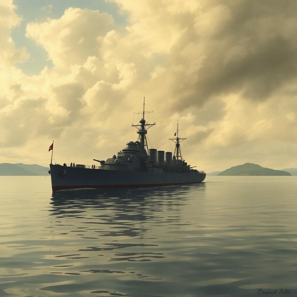 The Imperial Japanese Navy battleship Mutsu at anchor in the Seto Inland Sea