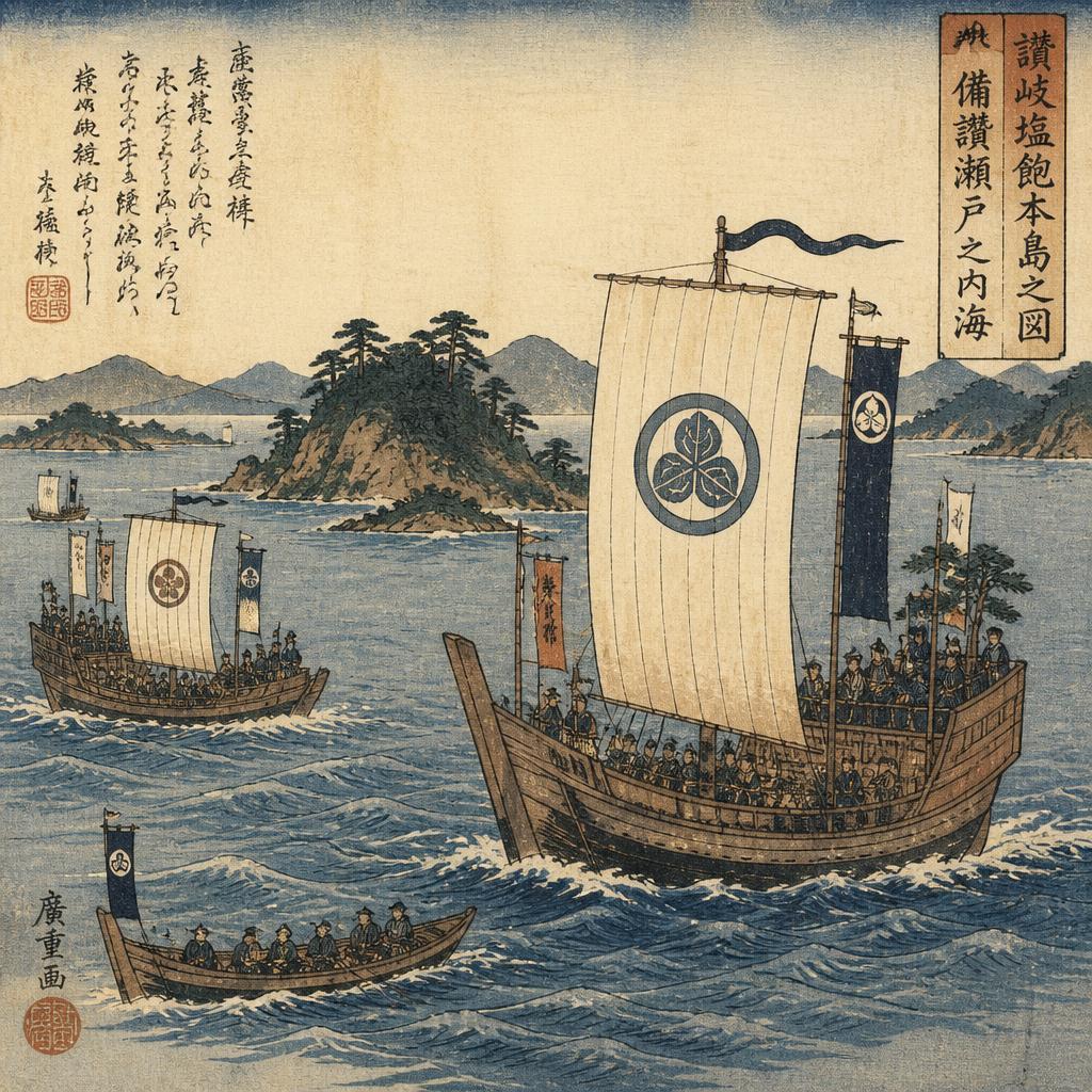Medieval Japanese suigun sea lords aboard wooden warships in the misty Seto Inland Sea